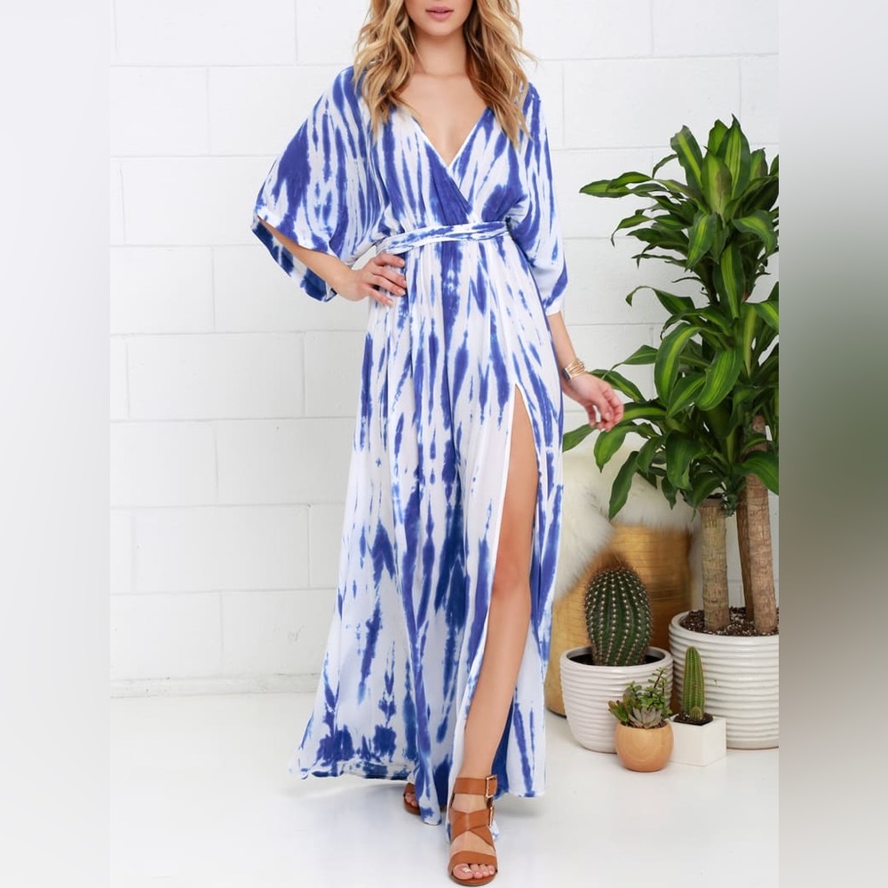 Sunday Morning Blue‎ Tie-Dye Wrap Maxi Dress in XS